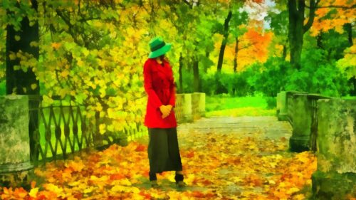 Elegant Woman in Red Coat Standing on Autumn Bridge Desktop Wallpaper
