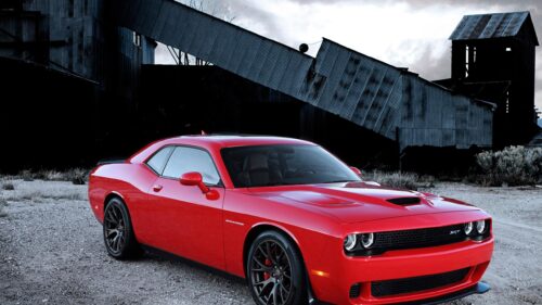Red Dodge Challenger SRT Hellcat Industrial Background PC Wallpaper