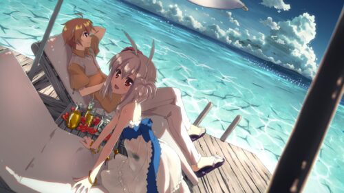 Anime Couple Relaxing on a Tropical Pier Summer 4K Wallpaper