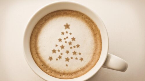 Cozy Christmas Latte Art with Star Shaped Tree Desktop Wallpaper