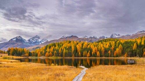 Breathtaking Autumn Lake Landscape with Snow Capped Mountains PC Wallpaper