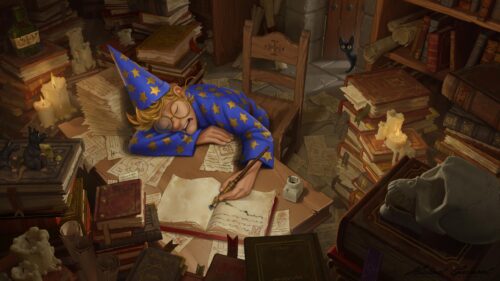 Sleeping Apprentice Wizard in Magical Library Study PC Wallpaper