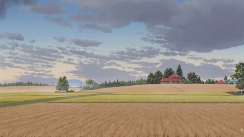 Serene Rural Landscape with Red Roof Houses Anime Art Desktop Wallpaper