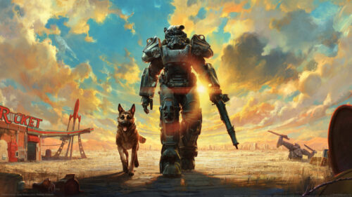 Fallout 4 Power Armor and Dogmeat in Post Apocalyptic Wasteland PC Wallpaper