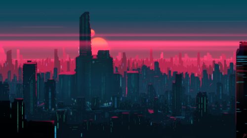 Futuristic Cyberpunk City Sunset Silhouette 4K Wallpaper