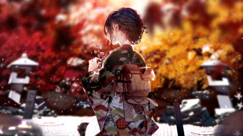 Anime Girl in Kimono Standing in Autumnal Japanese Garden PC Wallpaper