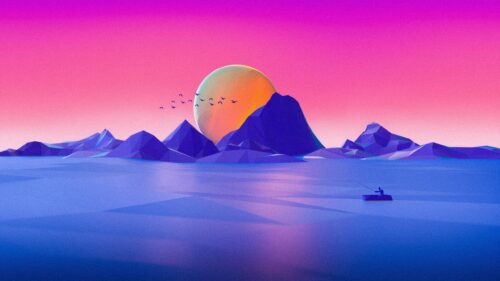 Minimalist Low Poly Sunset Landscape with Lone Fisherman PC Wallpaper