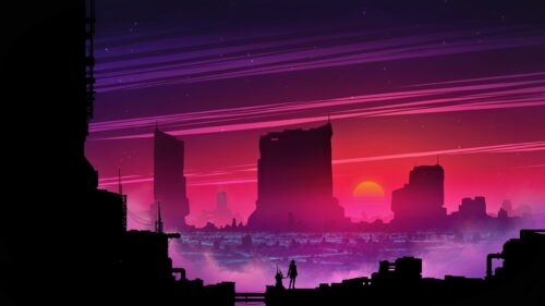 Futuristic Cyberpunk City Sunset with Lone Traveler Silhouette PC Wallpaper
