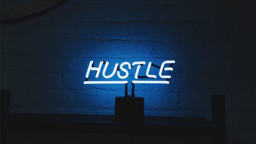 Minimalist Hustle Blue Neon Sign Aesthetic Desktop Wallpaper