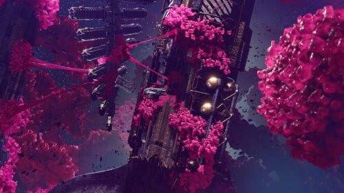 Abstract Sci Fi Space Station with Pink Organic Growth 4K Wallpaper