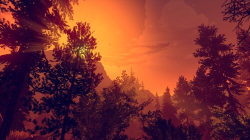 Fiery Sunset Over Pine Forest Landscape Desktop Wallpaper