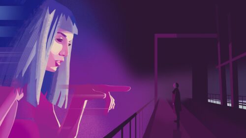 Surreal Synthwave Girl Pointing at Silhouette Desktop Wallpaper