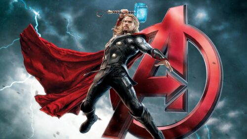 Thor God of Thunder with Mjolnir and Avengers Logo 4K PC Wallpaper