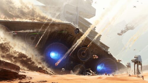 Epic Star Wars Battle With Imperial Star Destroyer Desert Scene 4K Wallpaper