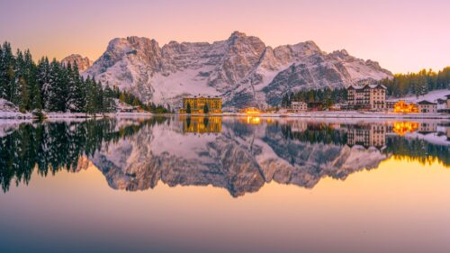 Breathtaking Misurina Lake Dolomites Sunset Winter Mountain PC Wallpaper