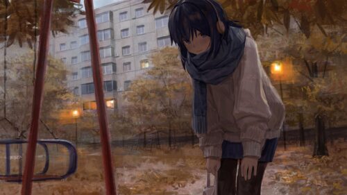 Melancholic Anime Girl in Autumn Park Evening Desktop Wallpaper