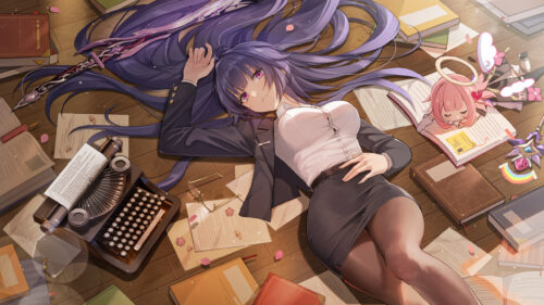 Raiden Shogun Anime Girl Surrounded by Books 4K Desktop Wallpaper