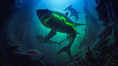 Bioluminescent Great White Shark and Hammerheads Underwater PC Wallpaper