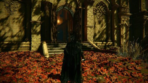 Dark Fantasy Knight at Ancient Castle Entrance Desktop Wallpaper