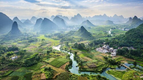 Breathtaking Guilin Karst Mountains and River Valley Desktop Wallpaper