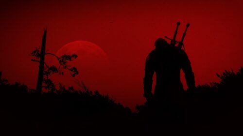 Geralt of Rivia Silhouette Under Blood Red Moon The Witcher PC Wallpaper