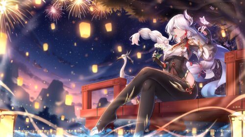 Stunning Genshin Impact Shenhe Character Festival Night 4K PC Wallpaper