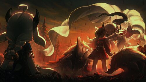 Dark Fantasy Anime Girls and Creatures in Fiery Landscape PC Wallpaper