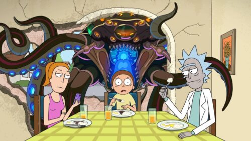 Rick and Morty Breakfast Scene with Alien Monster PC Wallpaper