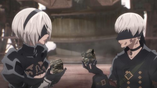 2B and 9S NieR Automata Anime Characters Holding Tech Cubes 4K Desktop Wallpaper