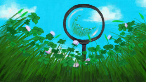 Artistic Magnifying Glass Over Clover Field Desktop Wallpaper