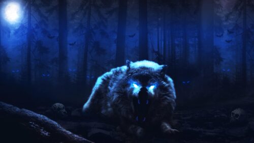Ferocious Glowing Blue Eyed Wolf in Dark Forest PC Wallpaper