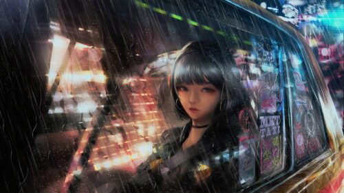 Anime Girl in Rainy Taxi City Night Lights 4K Desktop Wallpaper