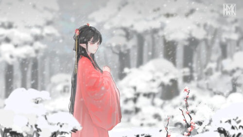 Beautiful Anime Elf Girl in Red Kimono Standing in Snowy Forest 4K Wallpaper
