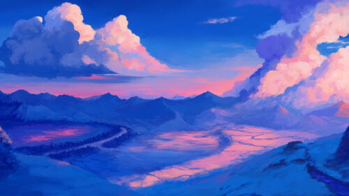 Stunning Anime Style Mountain Landscape at Sunset 4K Wallpaper
