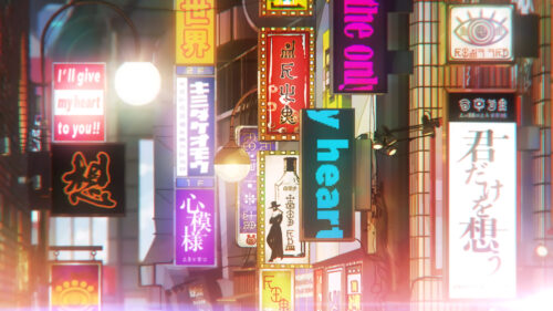 Vibrant Anime City Street with Neon Signs Aesthetic PC Wallpaper