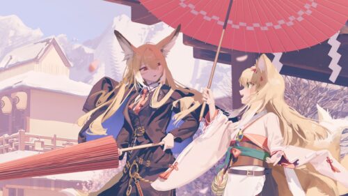 Anime Fox Girls with Red Umbrellas in Snowy Shrine Landscape PC Wallpaper
