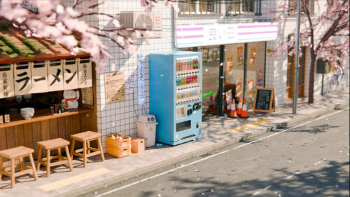 Cozy Japanese Street Corner with Ramen Shop and Cherry Blossoms 4K Wallpaper