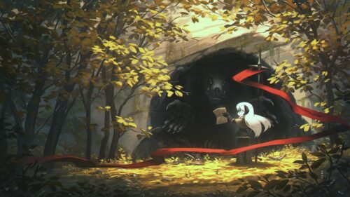 Anime Girl Meeting A Shadow Beast in Autumn Forest Desktop Wallpaper