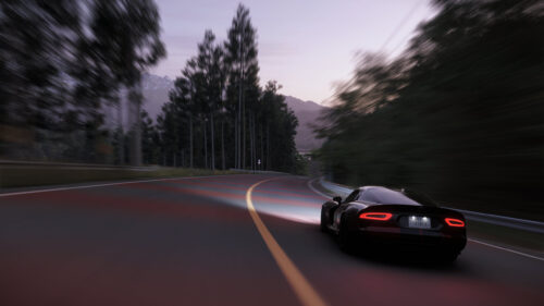 Dodge Viper Speeding Through Mountain Road at Twilight PC Wallpaper