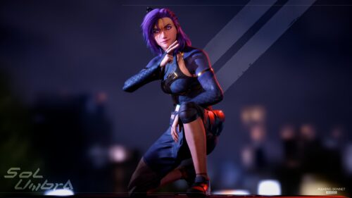 Sol Umbra Cyberpunk Assassin Girl Purple Hair 4K Desktop Wallpaper