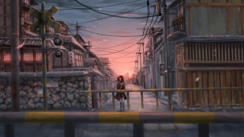 Lonely Girl Standing at a Peaceful Japanese Train Crossing at Sunset PC Wallpaper