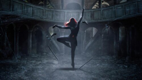 Black Widow Silhouette in Cinematic Action Pose 4K Desktop Wallpaper