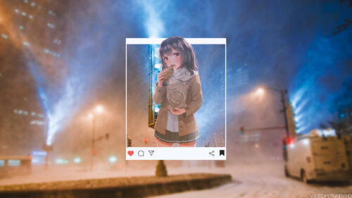 Anime Girl Eating Taiyaki in Snowy City Aesthetic PC Wallpaper