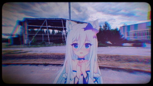 Sad Anime Cat Girl in Glitch Aesthetic Landscape PC Wallpaper