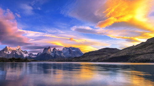 Breathtaking Sunset Over Torres del Paine Mountains Desktop Wallpaper