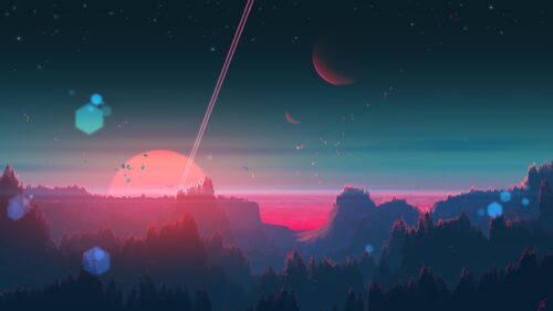 Minimalist Sci-Fi Alien Planet Landscape with Sunset 4K Wallpaper