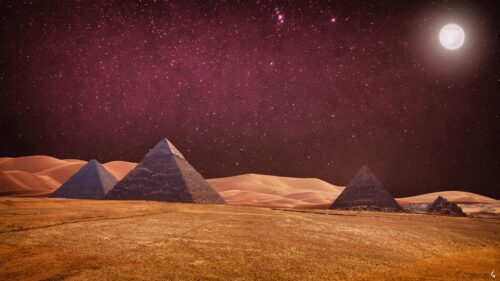 Mystical Egyptian Pyramids Under a Purple Starry Night Sky PC Wallpaper