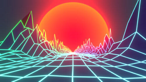 Retro Synthwave Neon Landscape with Glowing Sun 4K Wallpaper