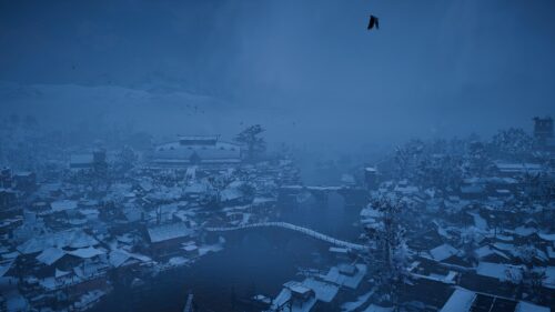 Stunning Snowy Village Landscape in Blue Atmosphere Desktop Wallpaper