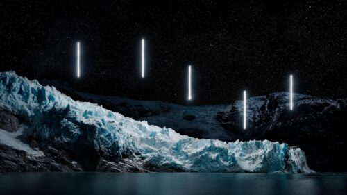 Surreal Night Glacier with Neon Light Pillars 4K PC Wallpaper